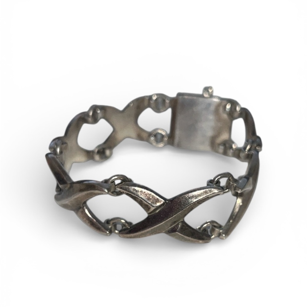 Vintage Mexico Sterling 960 Silver Heavy X Criss‎ Cross Link Bracelet